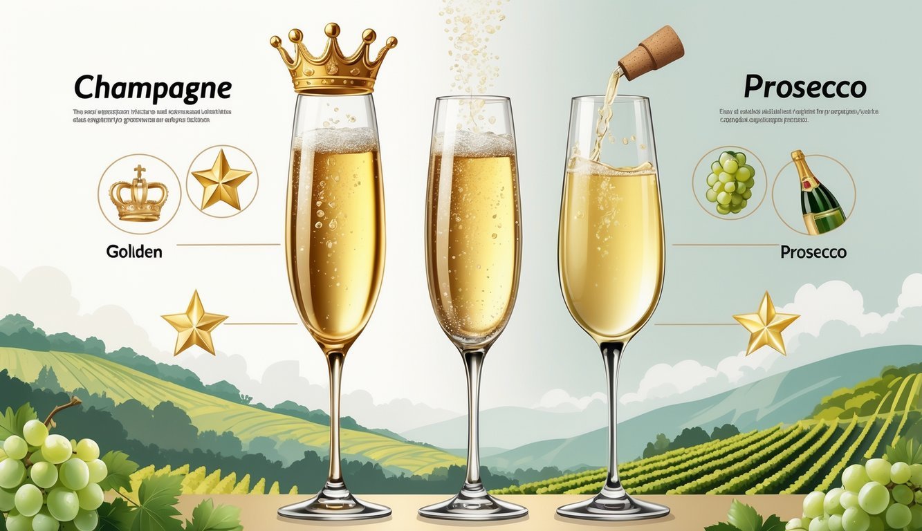 Two glasses of sparkling wine side by side with symbolic icons around them representing qualities that make champagne better than prosecco.