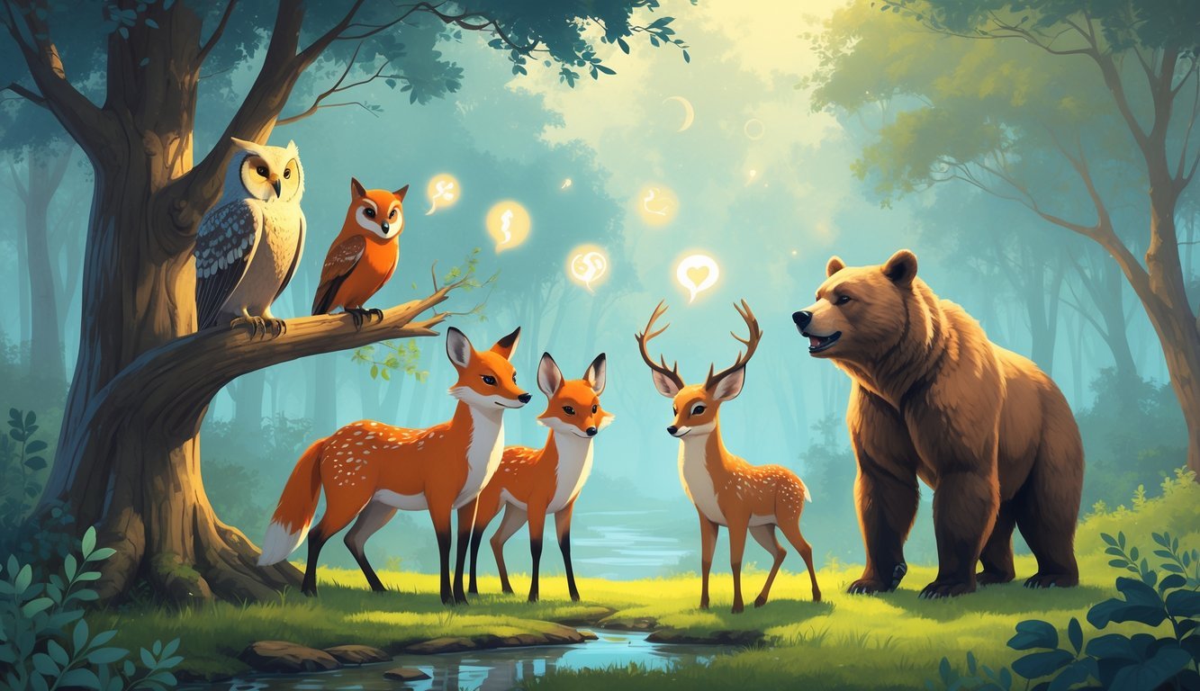 A group of animals including an owl, fox, deer, bear, and parrot gathered in a forest clearing, appearing to communicate with each other surrounded by soft glowing lights.