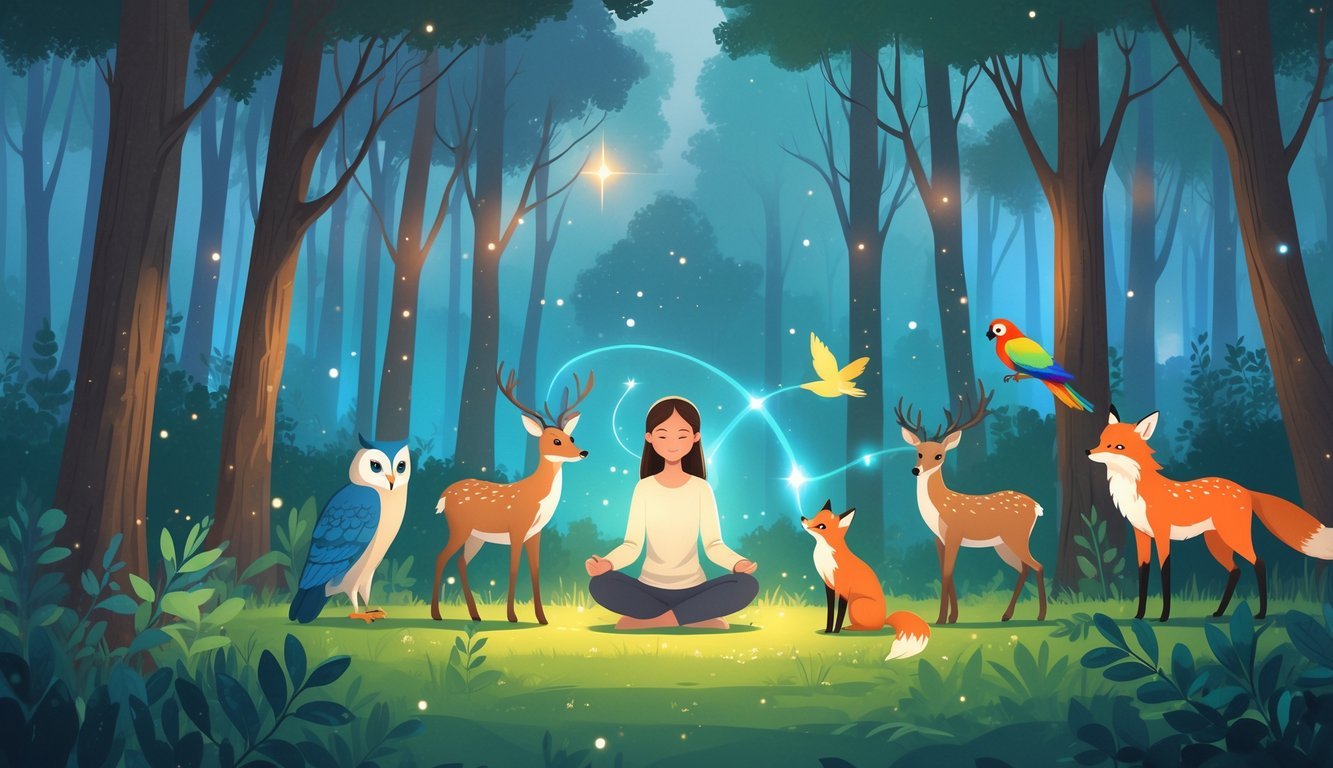 A person sitting in a forest surrounded by animals that seem to be communicating with them.
