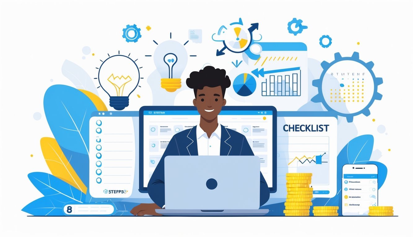 Person sitting at a desk with a laptop surrounded by icons representing planning, progress, and earning money, symbolizing the start of a side hustle.