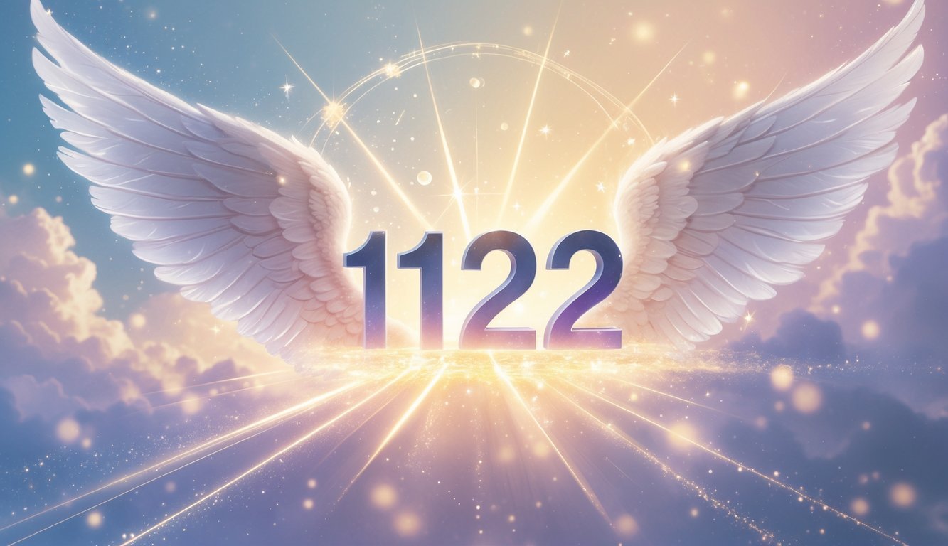 A glowing number 1122 surrounded by angel wings and soft light beams against a peaceful, celestial background.
