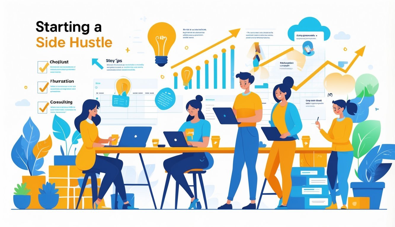 A diverse group of people working on different side hustle activities in a bright, modern workspace with visual elements representing ideas, success, and progress.
