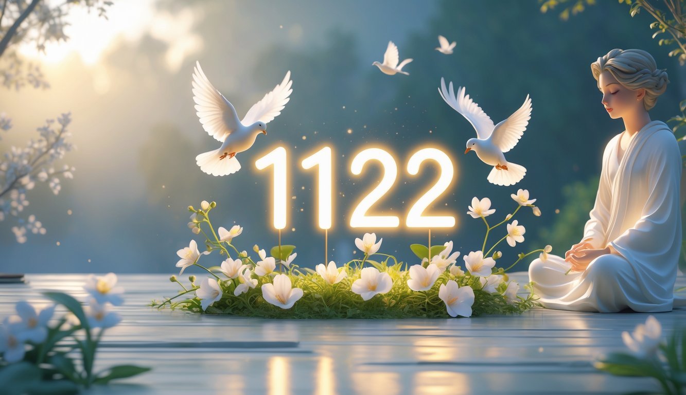 A peaceful morning scene with glowing numbers formed by light, two white doves flying, blooming flowers, and a person meditating quietly.