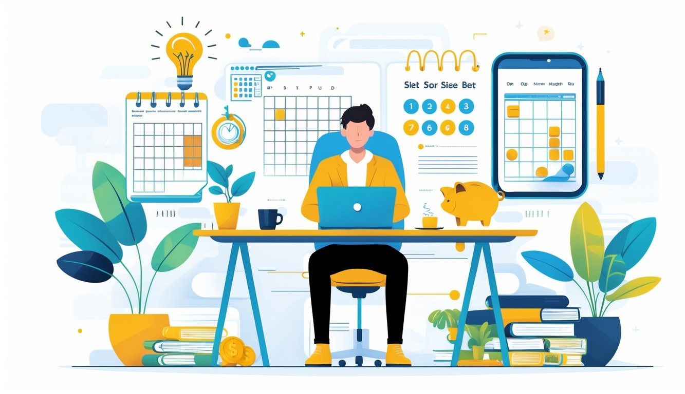 A person working at a desk with a laptop, surrounded by icons representing ideas, planning, savings, and communication, illustrating steps to start a side hustle.