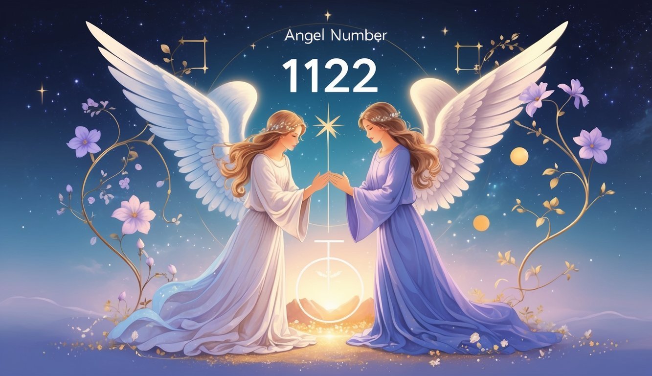 Two angelic figures surrounded by glowing light, flowers, and geometric shapes in a peaceful celestial setting.