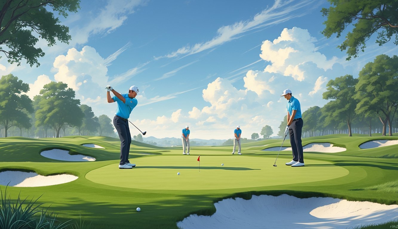 Two teams of two golfers each play on a green golf course with sand bunkers and a flagstick, focusing on strategy and teamwork during their game.