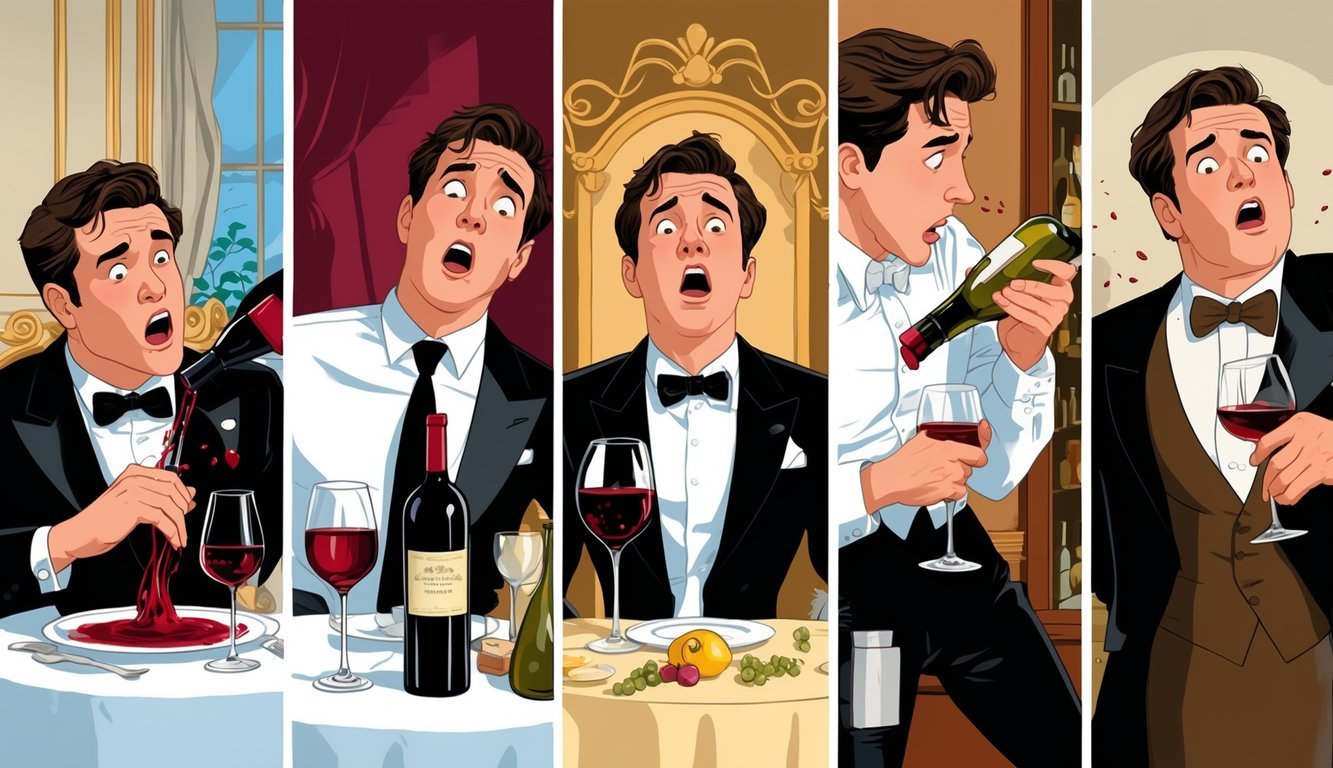 Five separate scenes showing people spilling wine, struggling with a cork, spraying wine, dropping a glass, and holding a glass upside down during wine-related mishaps.