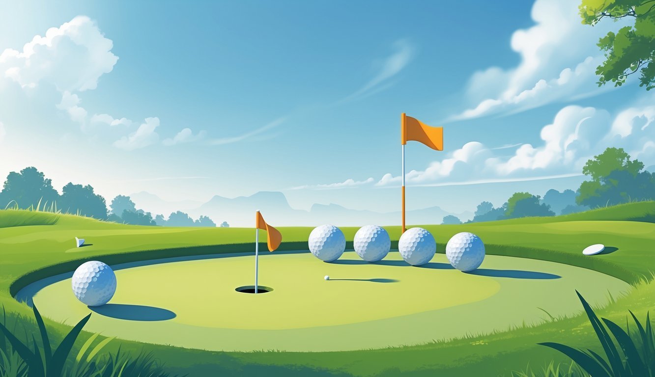A golf course putting green with four golf balls near a hole, a golf club nearby, and a flagstick in the hole under a clear sky.