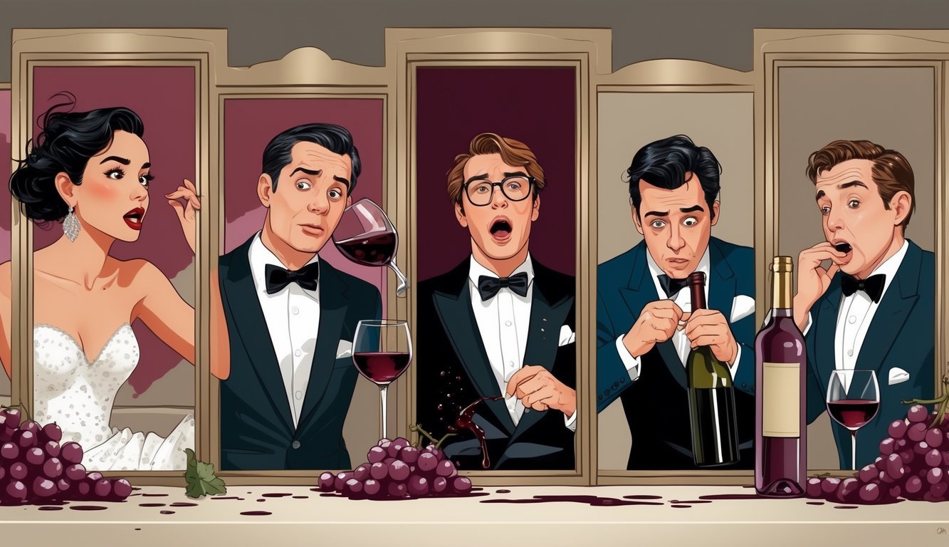 Five scenes showing people experiencing embarrassing moments with wine, including spilling wine on clothes, struggling to open a bottle, and knocking over a wine rack.
