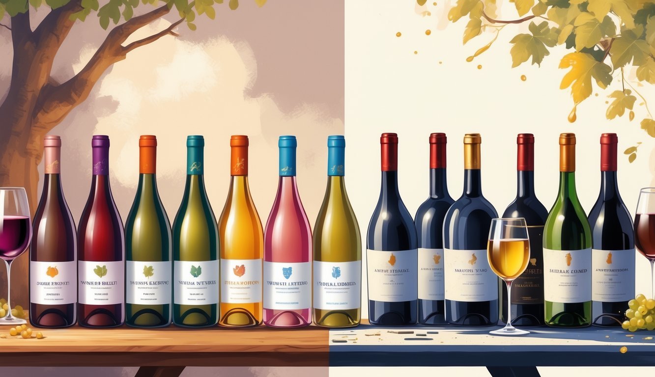 A split scene showing nine appealing wine bottles and glasses on one side and nine less appealing wine bottles and glasses on the other side, arranged on tables with contrasting atmospheres.