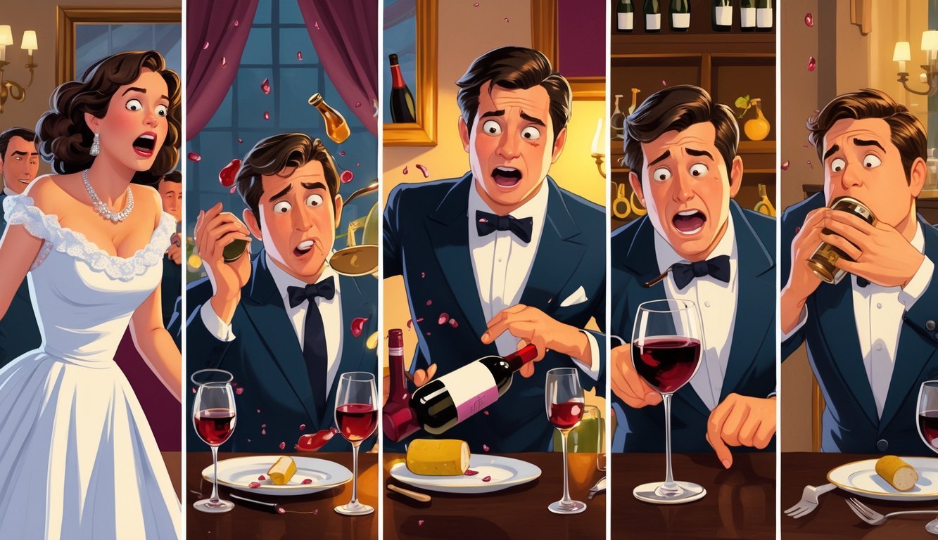 Five scenes showing people spilling wine, dropping glasses, struggling with a cork, spilling wine on themselves, and confused about wine tasting in various social settings.