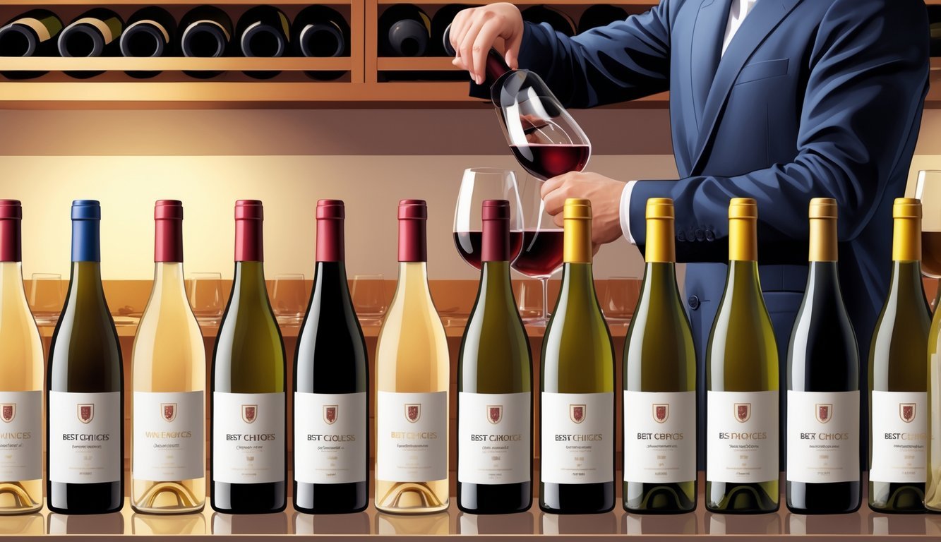 A person discreetly pouring wine from a bottle into a glass in a modern wine cellar with nine bottles arranged in two groups, some highlighted warmly and others dimly lit.