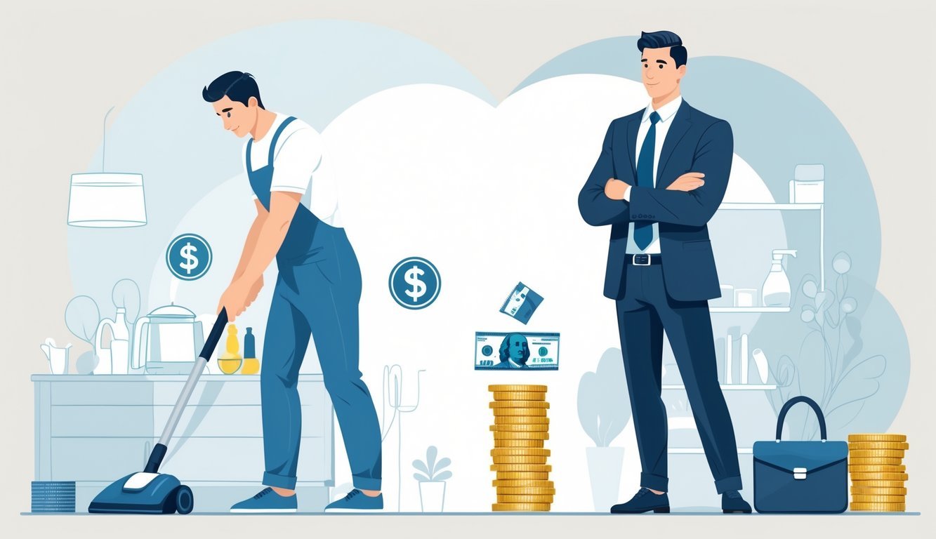 Two married men in a home setting, one doing housework with a small stack of coins nearby, the other in business attire with a larger stack of money, illustrating the link between housework and income.