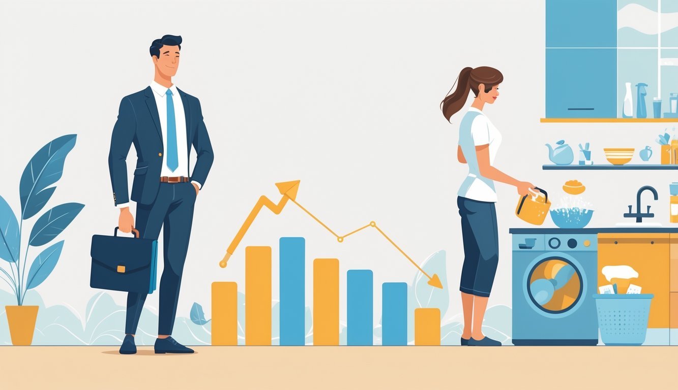 A married man dressed in business clothes stands confidently next to a rising earnings graph while a woman does household chores in a tidy home.