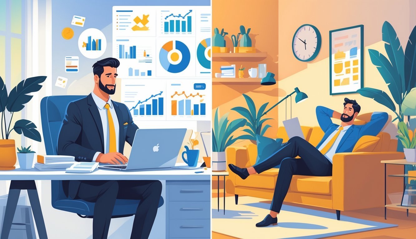 A married man working on a laptop in a home office while his partner does housework in the living room.