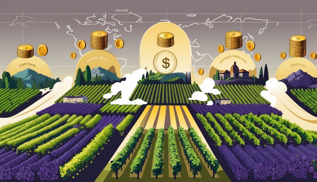 Five distinct vineyard landscapes representing top wine regions, each with grapevines, regional landmarks, and symbols of money floating above them, set against a faint global map background.
