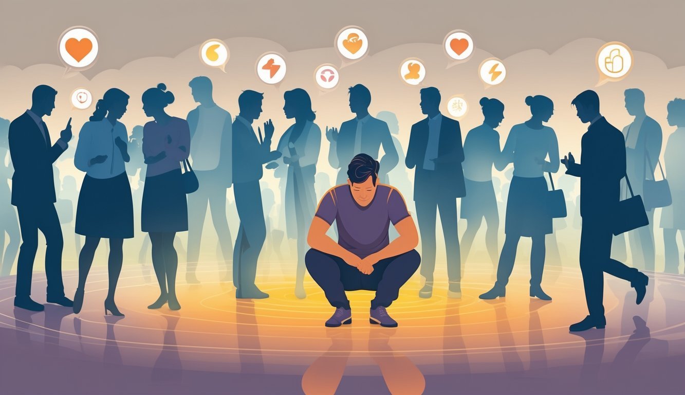 A person surrounded by many overlapping silhouettes of people, looking stressed and tired, with subtle icons representing physical discomfort around them.