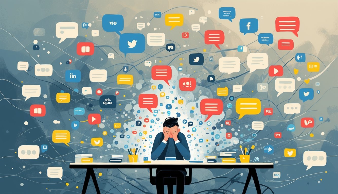A person sitting at a desk looking stressed and overwhelmed, surrounded by many social media icons and message bubbles representing excessive social contact.