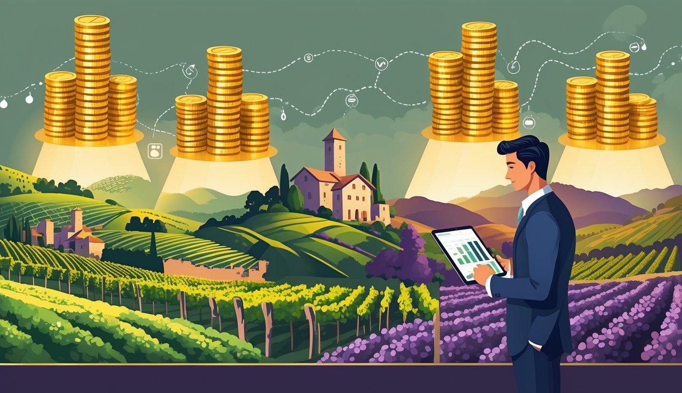 Five vineyard landscapes side by side showing different wine regions with varying amounts of coins and wine bottles representing profits, and a businessperson examining charts in front of them.