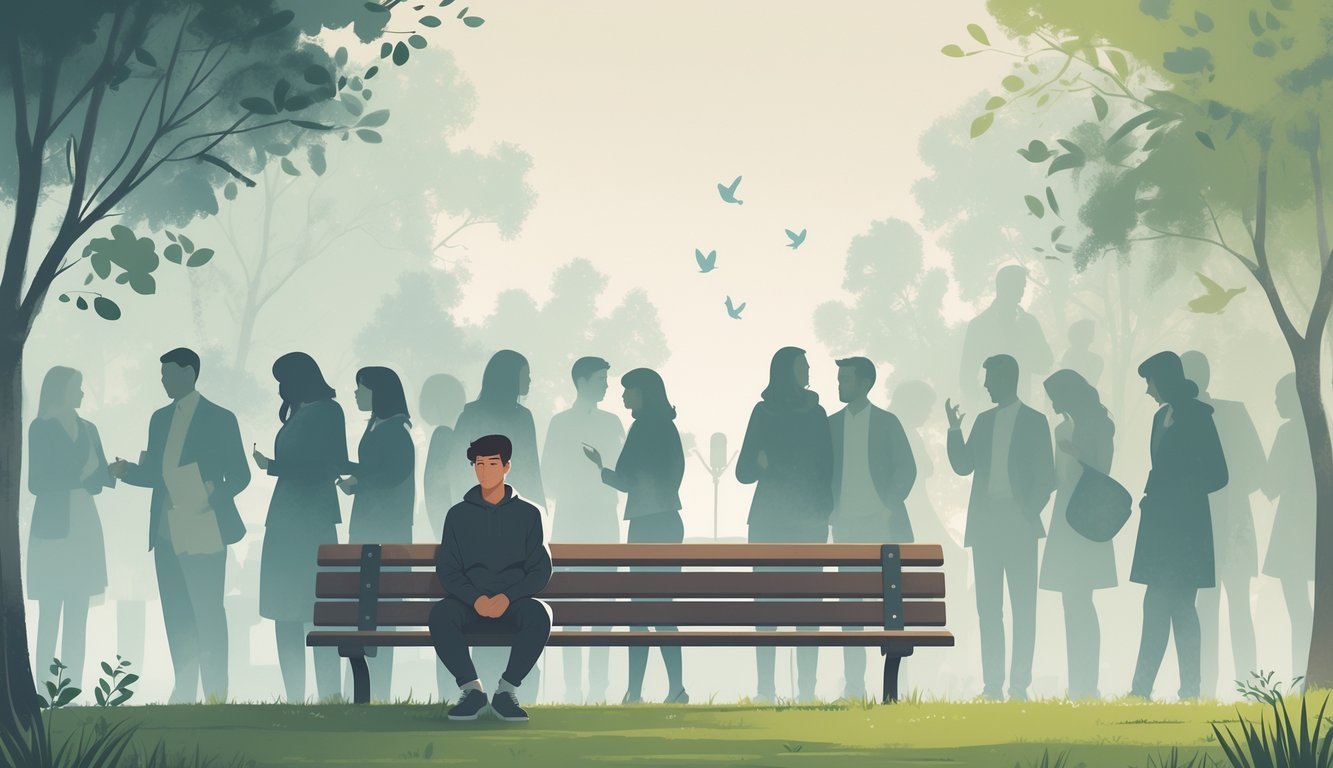 A person sitting alone on a bench in a park, surrounded by faint, overlapping figures of people talking and interacting.