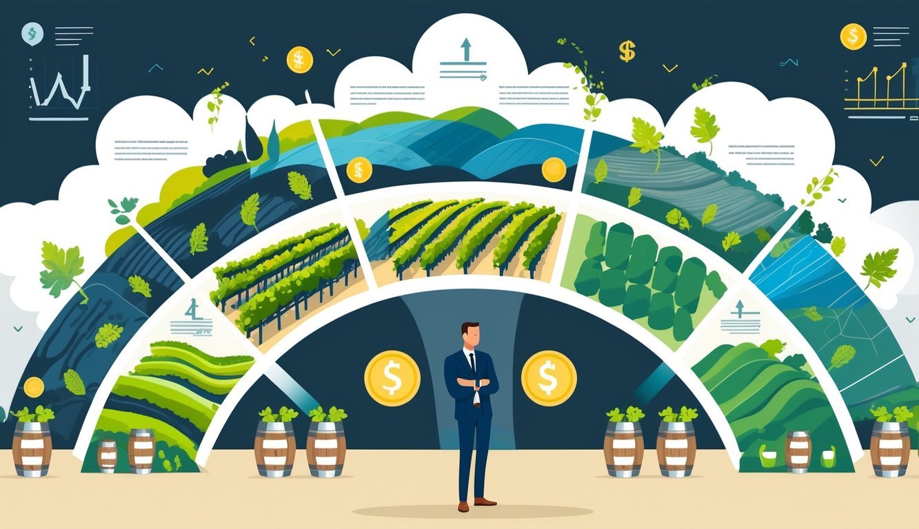 A person in business attire thoughtfully observing five different vineyards, each representing a wine region, with symbols of financial growth and economic data integrated into the scene.