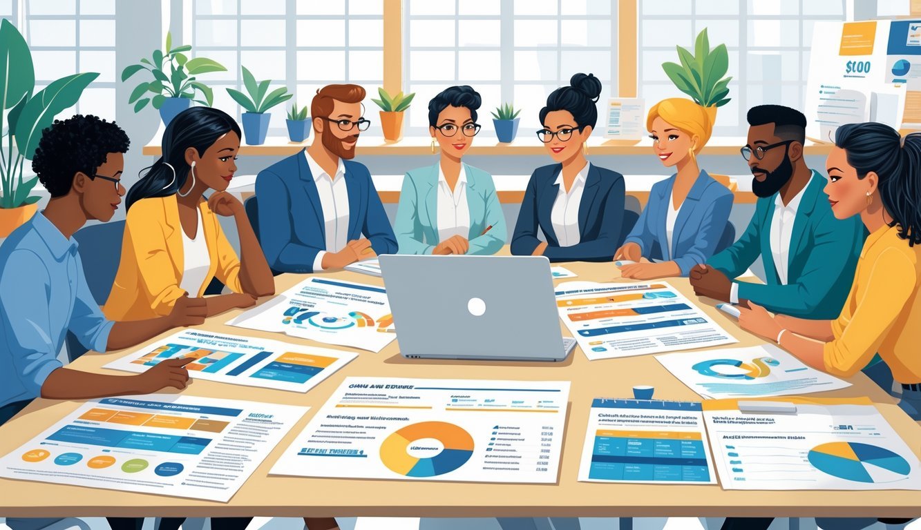 A group of self-employed individuals discussing health insurance options around a table with documents and a laptop in a bright office.