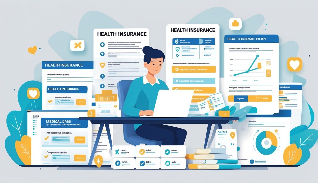 A person at a desk reviewing and comparing health insurance plans with documents and charts.