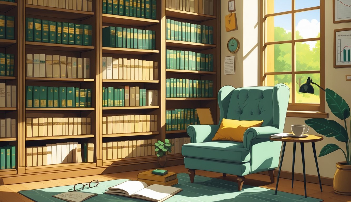 A cozy reading nook with a bookshelf full of books, an armchair, a side table with coffee and glasses, and financial planning items like a piggy bank and calculator nearby.