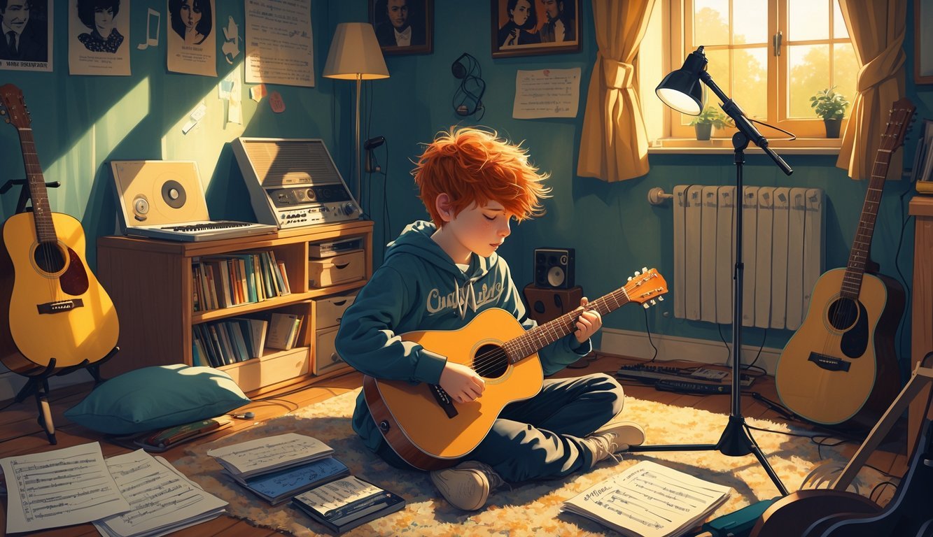 A young boy with red hair playing an acoustic guitar in a cozy bedroom filled with musical instruments and music sheets.