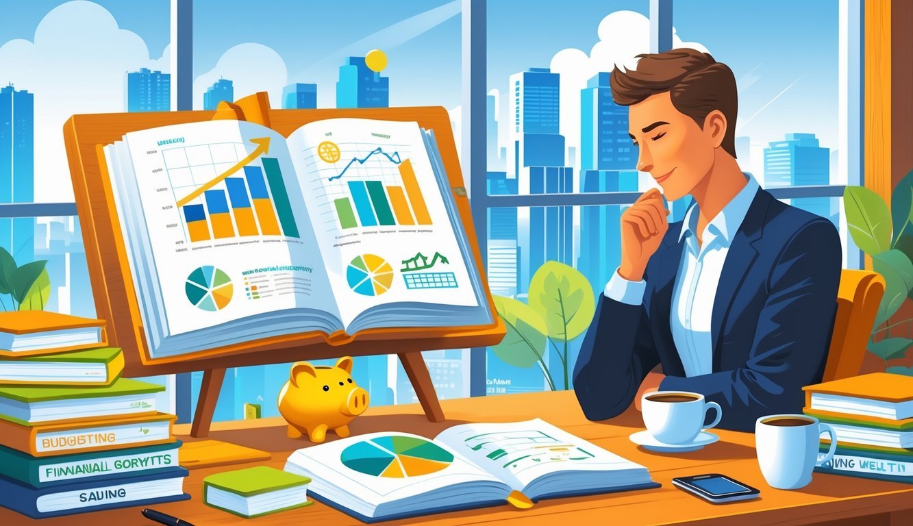 A person reading a book at a desk surrounded by financial books, a piggy bank, and a city skyline visible through a window.