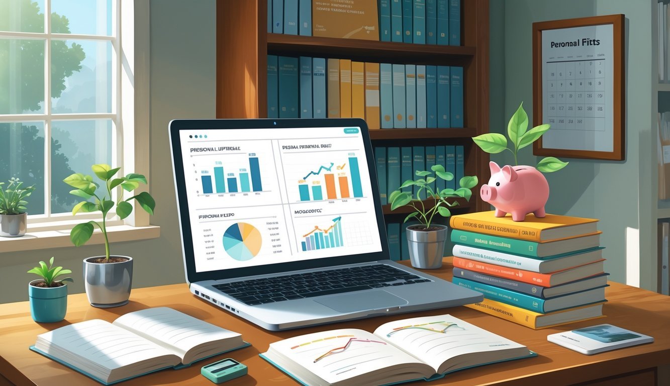 A home office desk with a laptop, an open notebook, a stack of books, a piggy bank, and a plant, illuminated by natural light from a window.