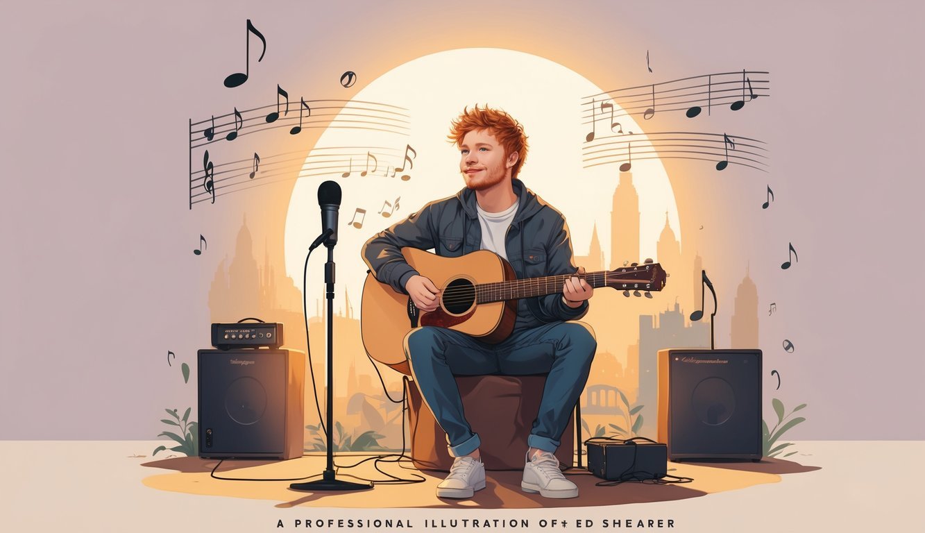 Ed Sheeran playing guitar with musical notes around him and a cityscape in the background.