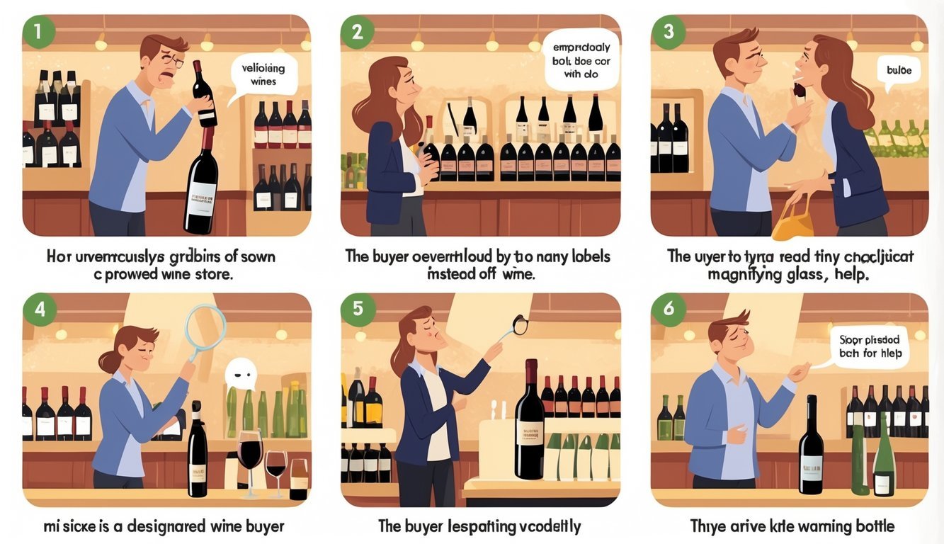 Six scenes showing a person making different mistakes while buying wine, including holding a bottle upside down, picking juice instead of wine, dropping a bottle, struggling to read labels, asking an uninterested clerk for help, and arriving late with a poorly wrapped bottle.