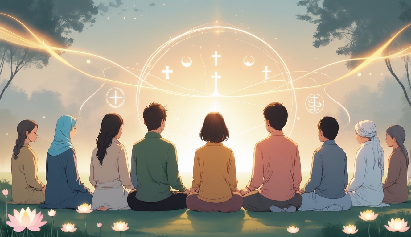 A diverse group of people peacefully praying and meditating together in a calm natural setting with soft light and gentle spiritual symbols around them.