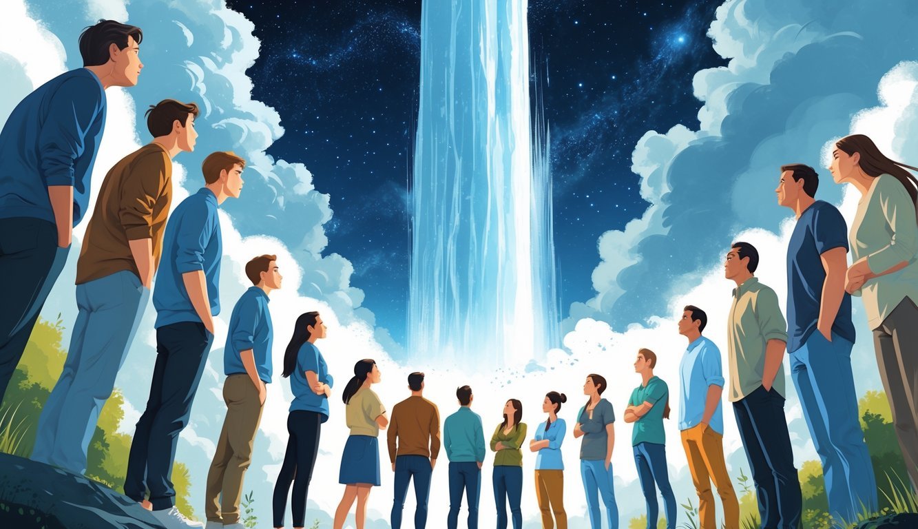 A group of diverse people standing together, looking up with expressions of wonder and similar body language, beneath a large, awe-inspiring natural scene.