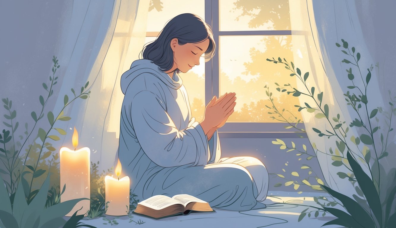 A person sitting peacefully in a softly lit room, praying quietly with a candle, an open book, and plants nearby, with a window showing trees outside.