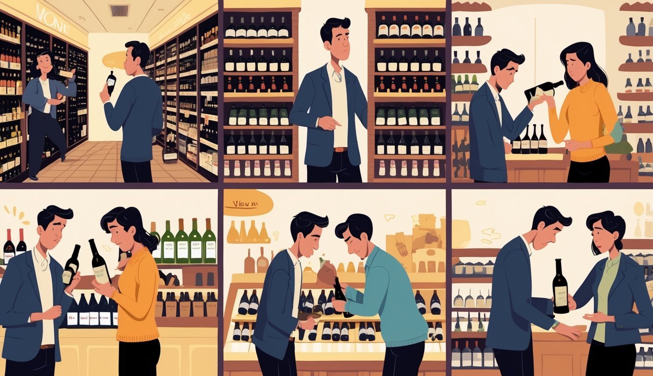 Six scenes showing a person experiencing awkward moments while buying wine in a wine store, including confusion, asking too many questions, knocking over bottles, misreading labels, sniffing bottles embarrassedly, and struggling to pay at checkout.