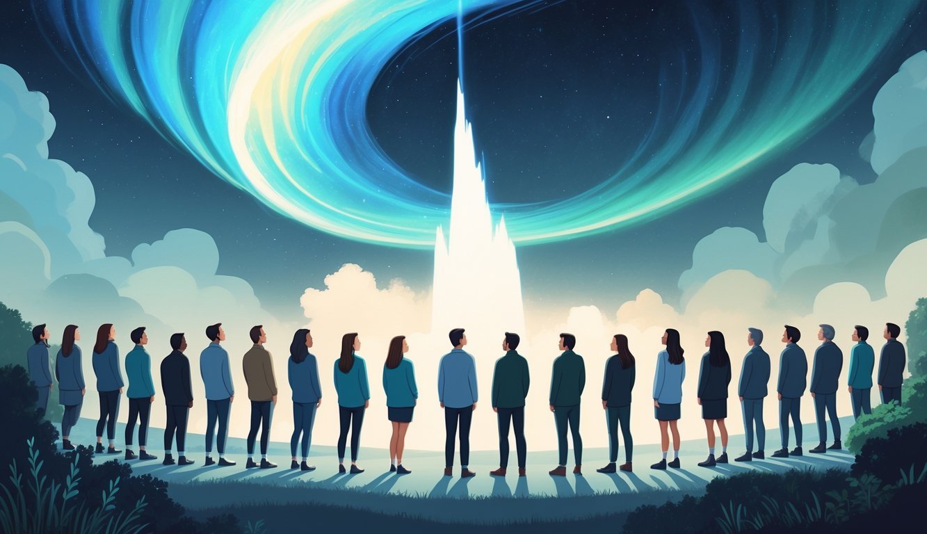 A group of people standing together outdoors, looking up in awe at a glowing natural phenomenon, subtly mirroring each other's posture.