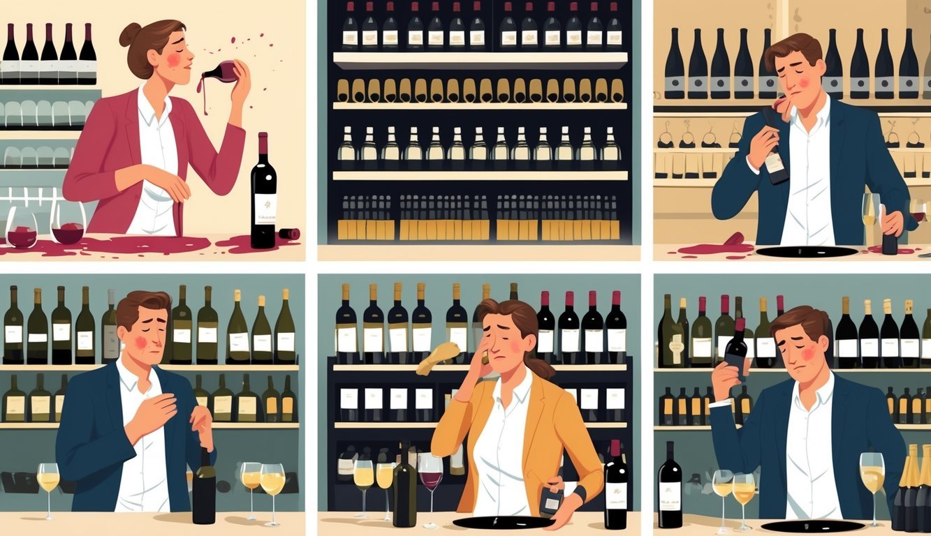 Six scenes showing a person making mistakes while buying wine, including spilling wine, looking confused, dropping a bottle, holding a bottle upside down, choosing flashy but poor wine, and ignoring expert advice.