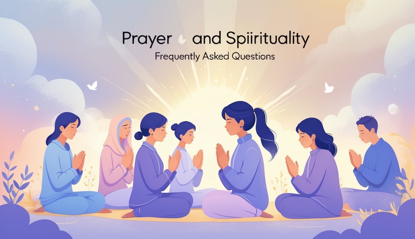 A group of diverse people in peaceful poses surrounded by soft glowing light and abstract symbols of spirituality and peace.