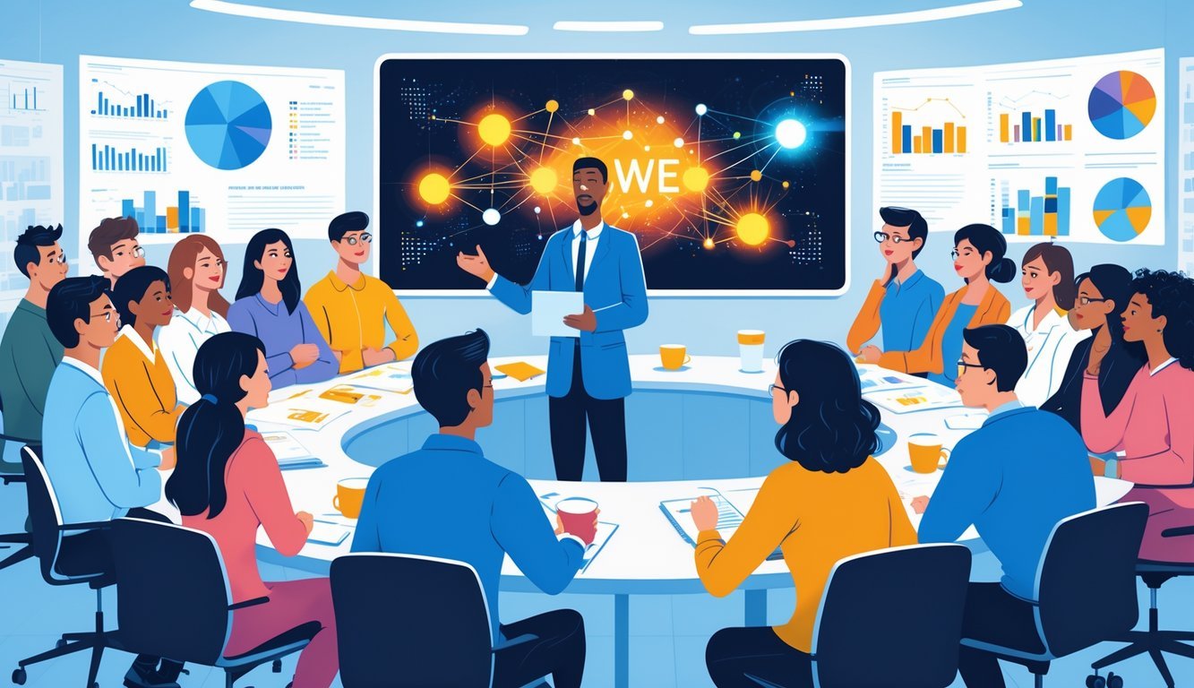 A group of people in a conference room watching a researcher present data, showing expressions of wonder and agreement.