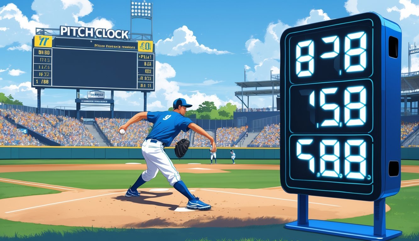 A baseball pitcher on the mound preparing to throw, with a large digital pitch clock showing a countdown near the scoreboard in a stadium during a game.