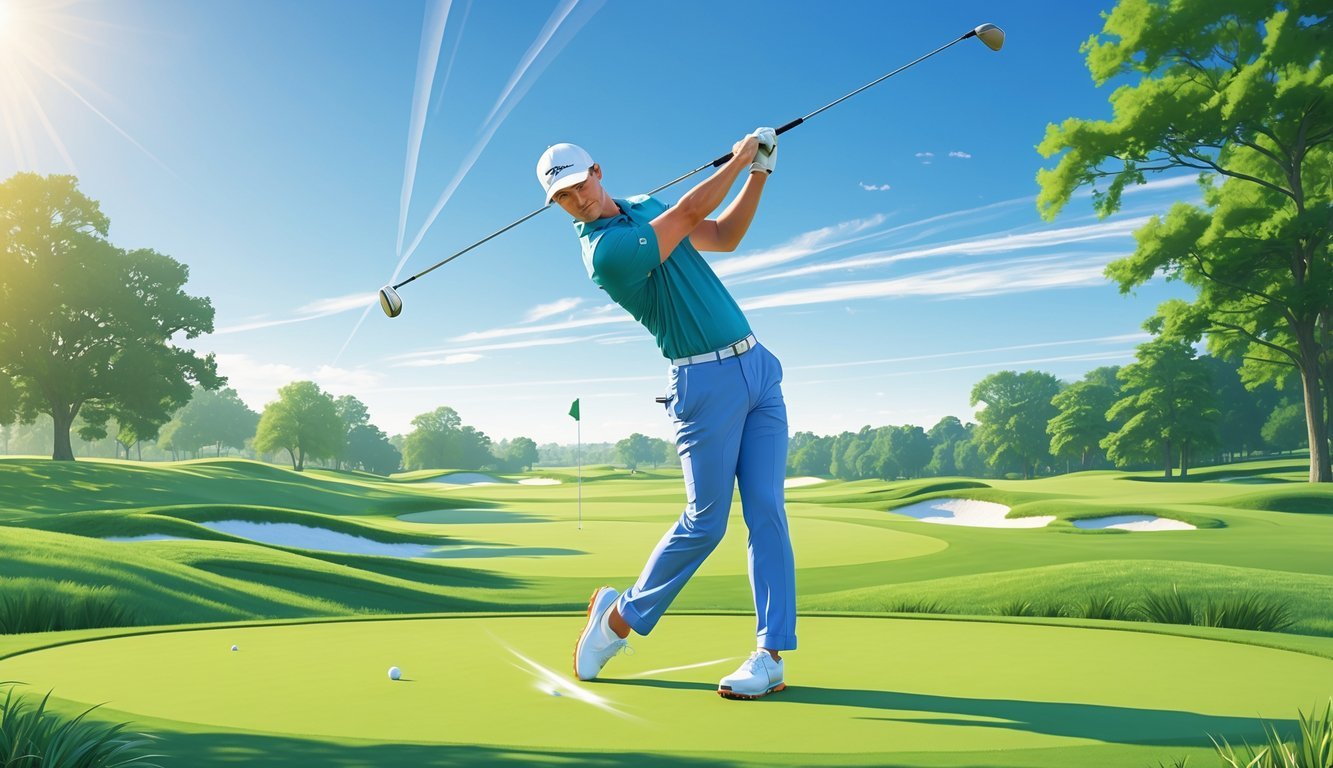 A golfer mid-swing on a sunny golf course with green fairways and trees in the background.