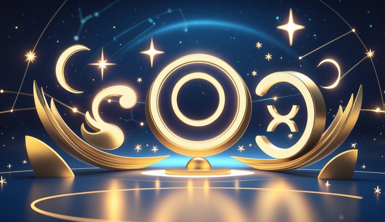 Five glowing zodiac symbols arranged in a balanced composition with stars and constellations in the background, representing success and achievement.