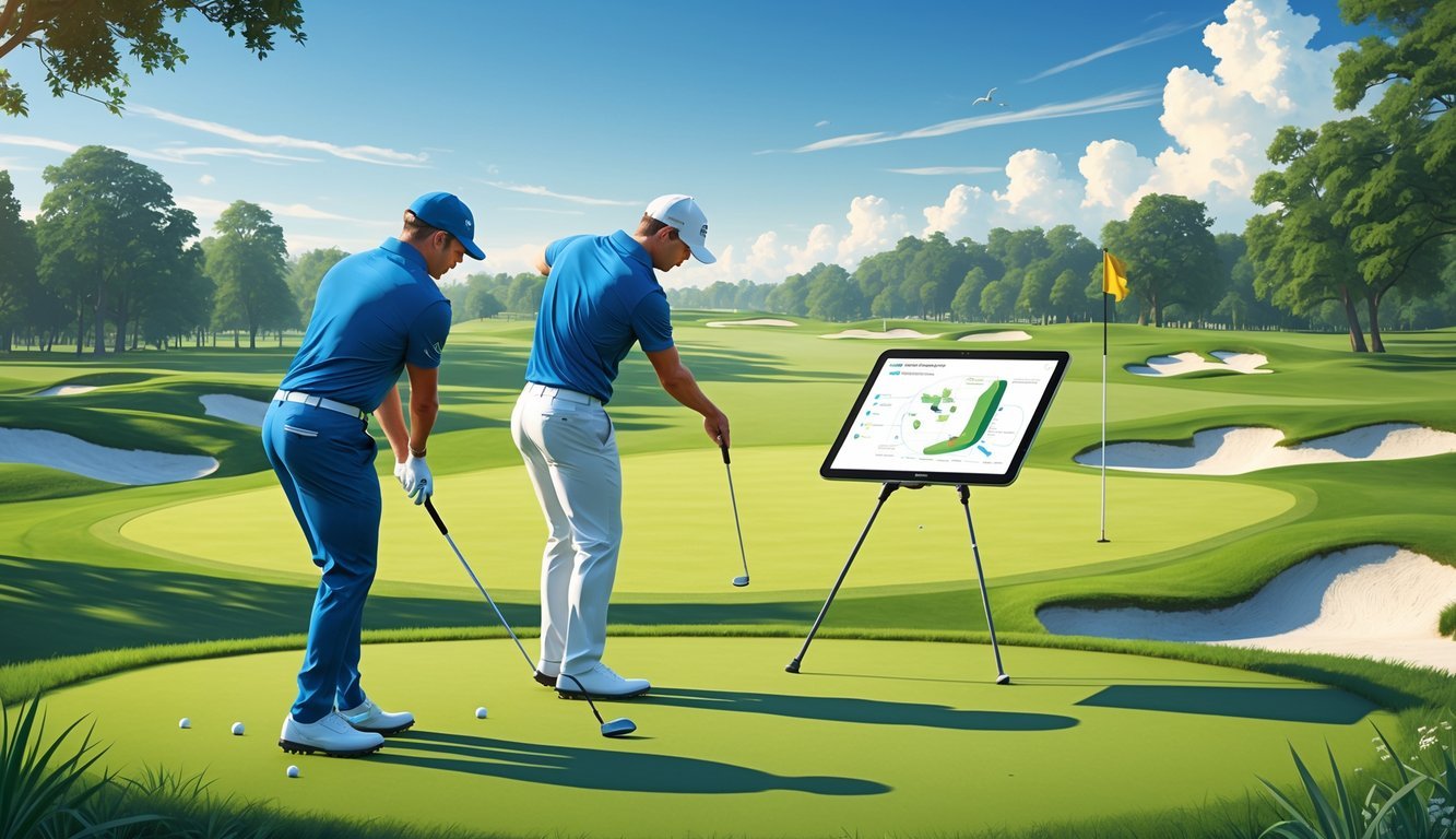A golf coach demonstrates a swing to a player on a golf course with strategy diagrams visible nearby.
