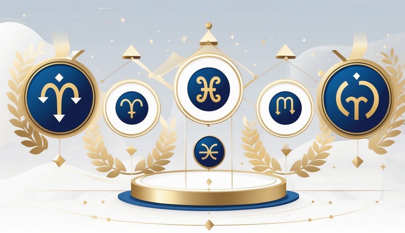 Five zodiac symbols arranged in a balanced composition with gold accents and cosmic elements representing success and achievement.