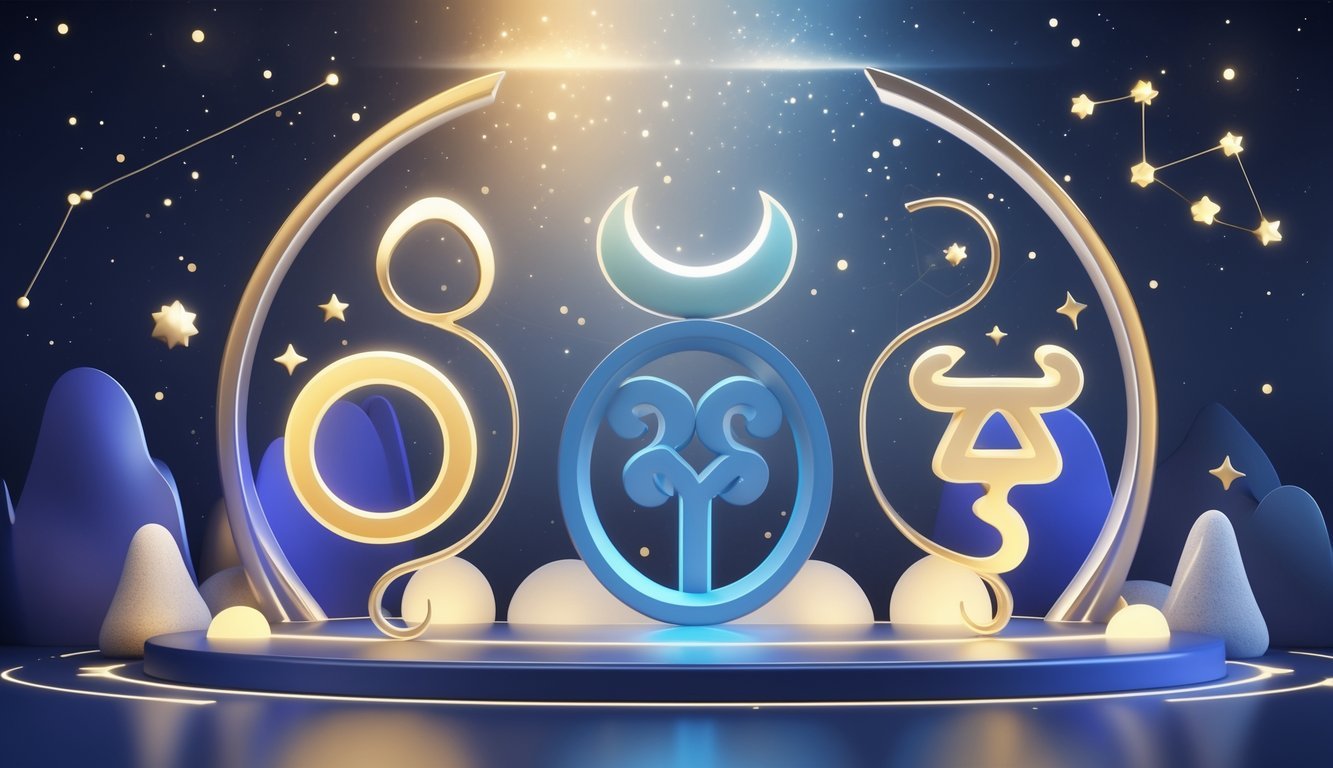 Five glowing zodiac symbols arranged in a celestial background with stars and constellations.