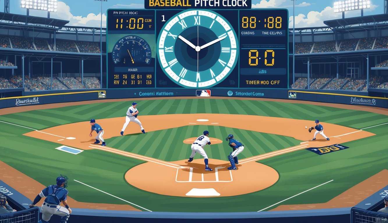 A baseball field with a pitcher preparing to throw, a batter ready to swing, and a digital pitch clock showing a countdown near the pitcher's mound.