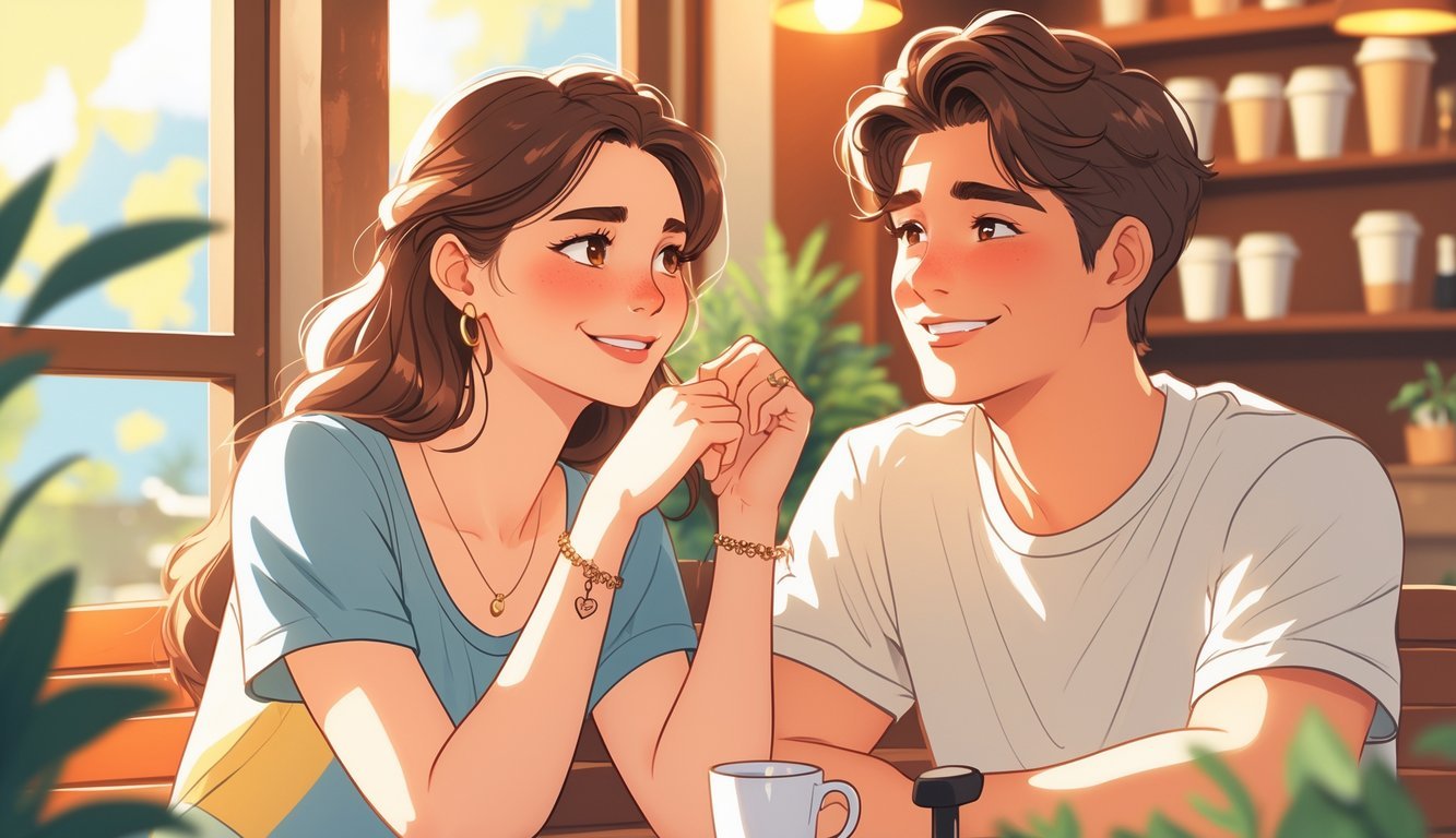 A young woman and man sitting together, the woman showing shy affection and the man smiling warmly, both engaged in a friendly moment.