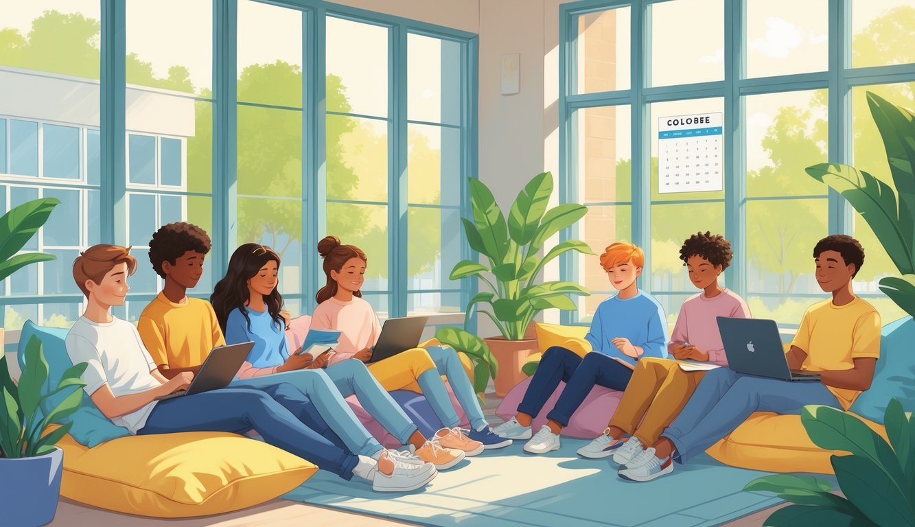 A group of teenagers relaxing indoors, engaging in calm activities like reading and meditating, with sunlight and plants around, conveying a peaceful and positive atmosphere.